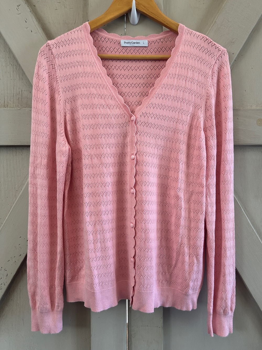 PrettyGarden Pink Pointelle Knit Scalloped Cardigan Sweater L